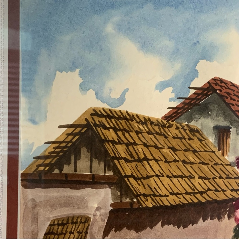 2 Framed Watercolors Signed Mexico Cruz #1 Man Woman 2 Donkey Pink Flower House - Picture 6 of 16